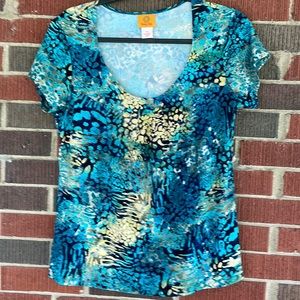 COPY - Turquoise, navy and yellow scoop neck top